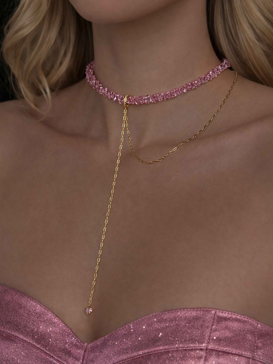 Розовое блестящее колье-галстук 5521
