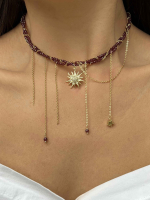 Двойное колье из камня гранат с солнцем и цепями 5610