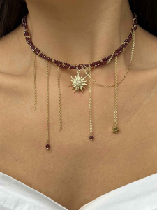 Двойное колье из камня гранат с солнцем и цепями 5610