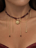 Двойное колье из камня гранат с солнцем и цепями 5610