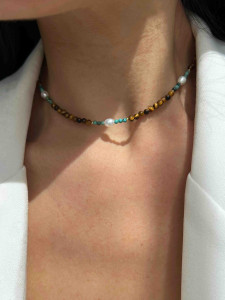 Чокер из тигрового глаза и бирюзы с жемчугом 5615