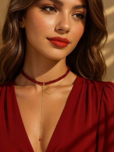 Красный чокер на шею с цепочкой 5627