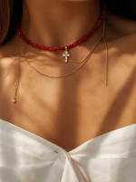 Колье с крестиком и цепями в красном цвете 5628