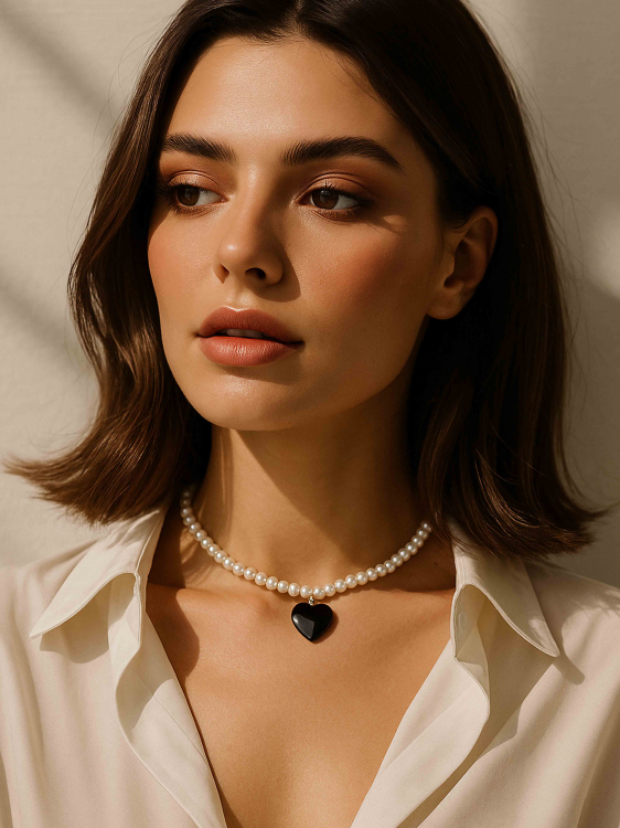 Schwarzer und weißer Choker aus Perlmutt mit Herz 5257.