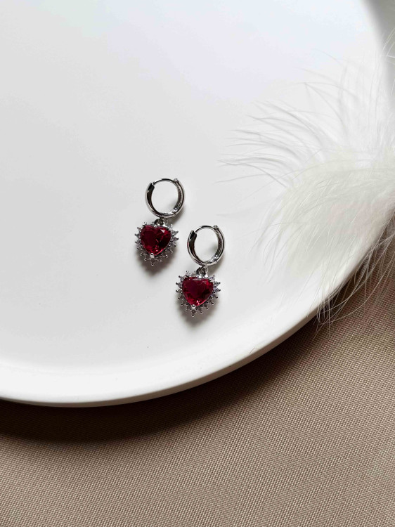 Red zircon heart earrings in silver tone 5764