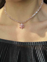 Розовое блестящее колье с цветком 5501