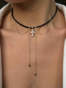 Колье на шею из черной шпинели с крестом и цепочками 5651